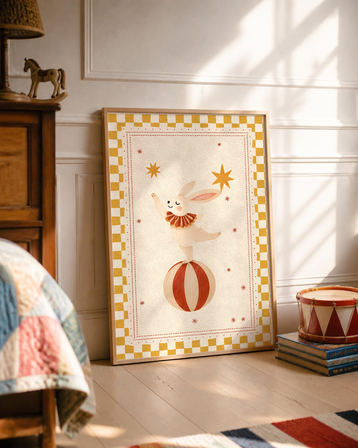 Bunny Nursery Print, Circus Rabbit on Ball Wall Art, Mustard Kids Room Decor, Vintage Circus Animal Poster, Printable Download