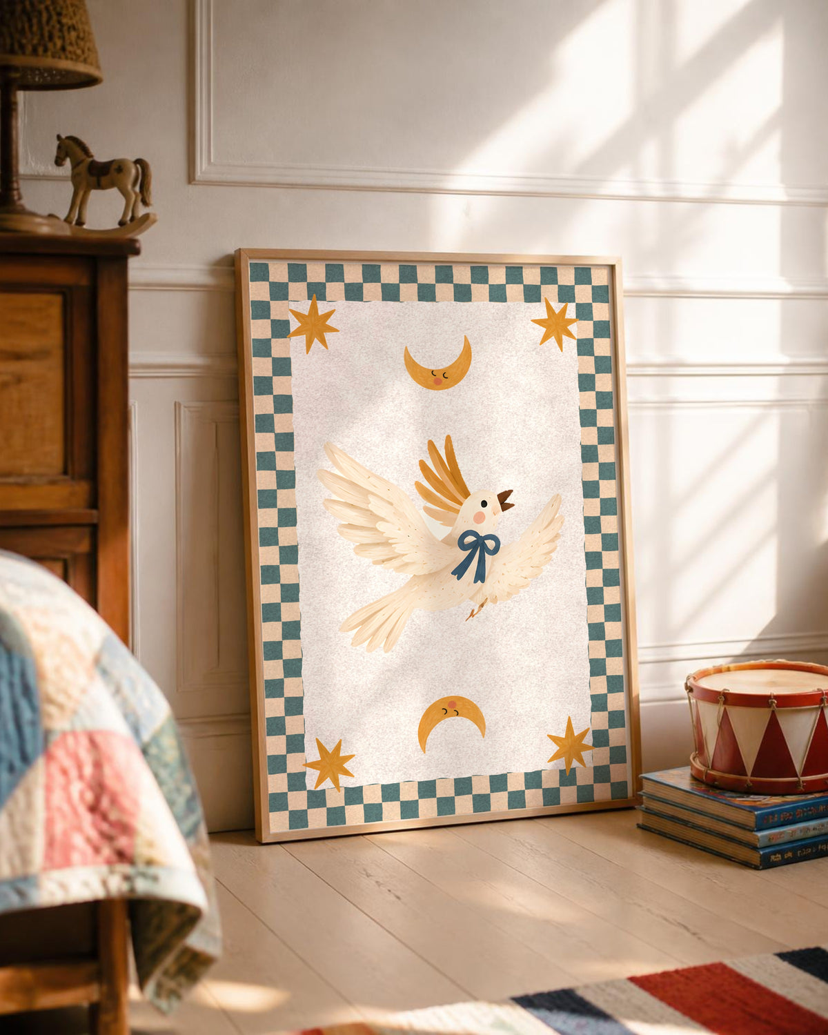 Bird Nursery Print, Circus Cockatoo Wall Art, Checkered Kids Room Decor, Moon and Stars Animal Poster, Printable Download