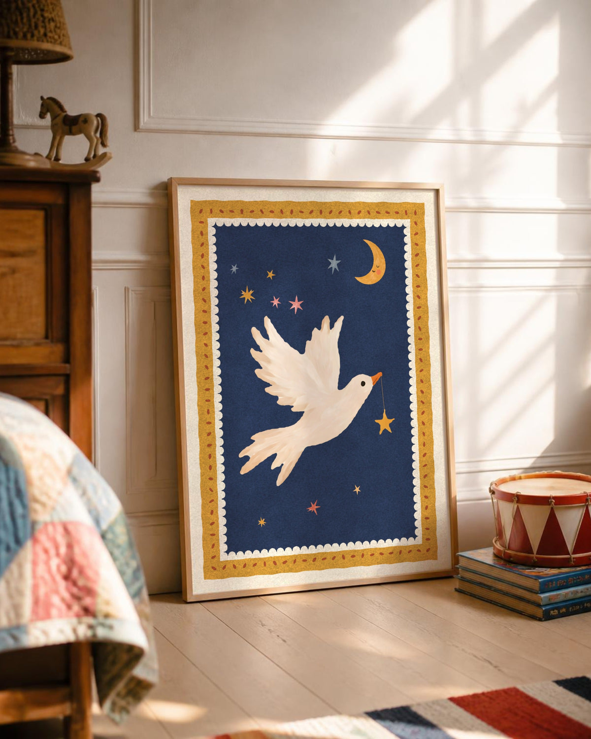 Dove Nursery Print, Night Sky Bird Wall Art, Vintage Circus Kids Room Decor, Moon and Stars Painted Poster, Navy Printable Download