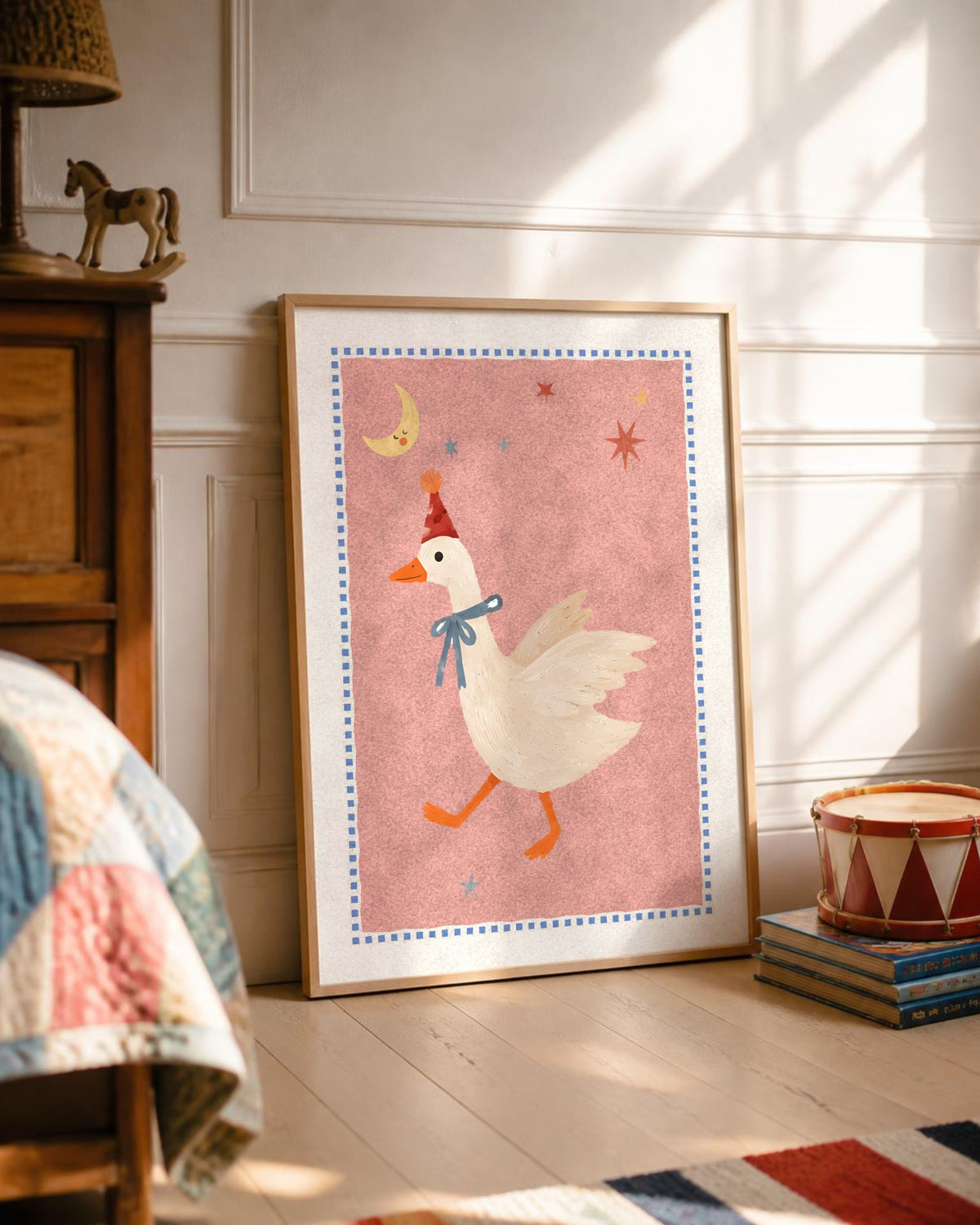 Goose Nursery Print, Circus Goose Wall Art, Pink Kids Room Decor, Party Hat Painted Animal Poster, Whimsical Printable Download