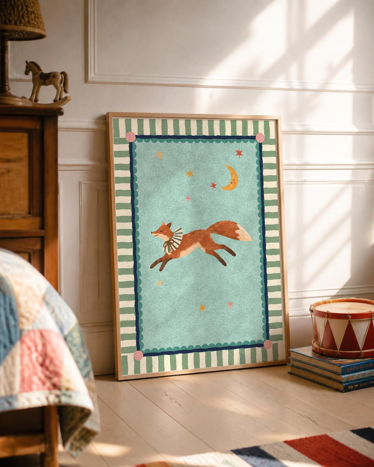 Fox Nursery Print, Whimsical Circus Fox Wall Art, Woodland Kids Room Decor, Vintage Painted Animal Poster, Sage Green Printable Download
