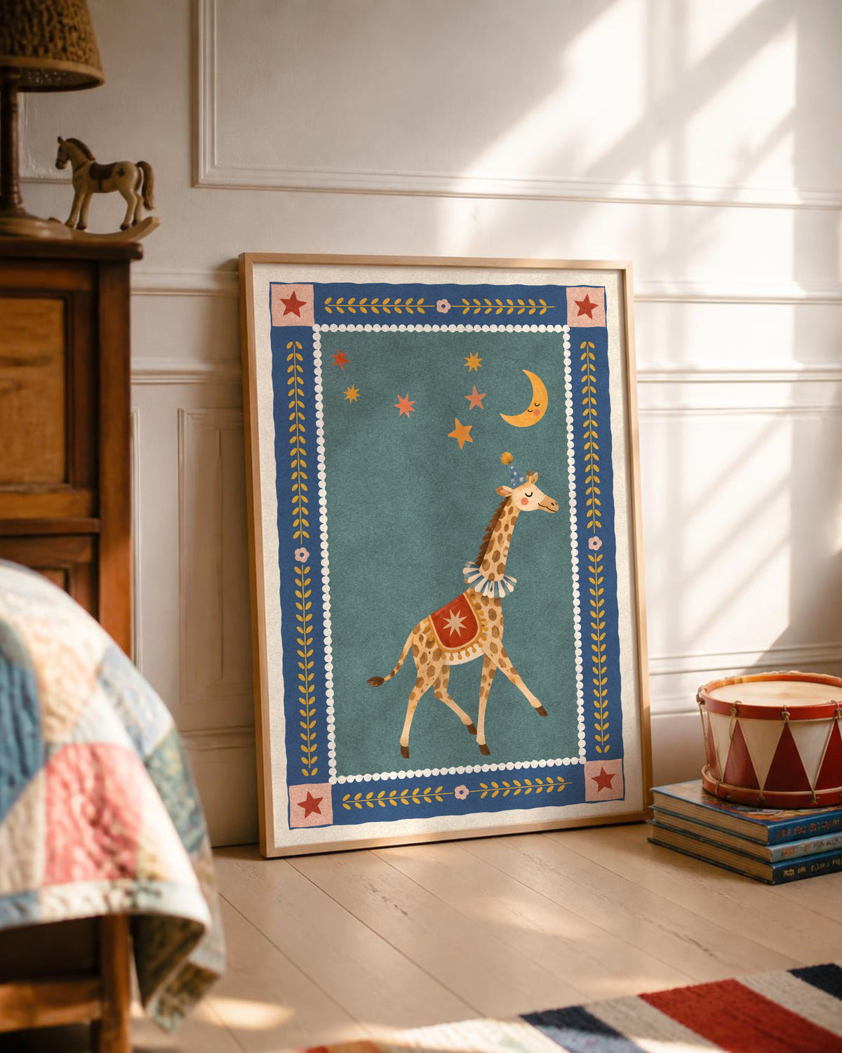 Giraffe Nursery Print, Circus Giraffe Wall Art, Folk Art Kids Room Decor, Teal and Navy Animal Poster, Printable Download
