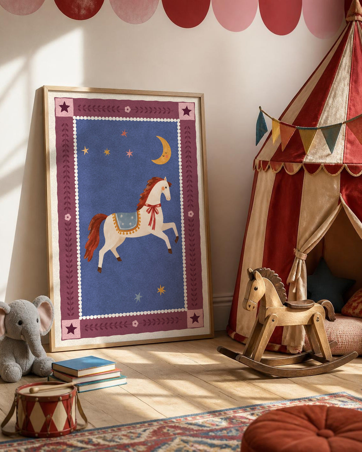 Circus Horse Nursery Print, Carousel Horse Wall Art, Vintage Circus Kids Room Decor, Whimsical Illustrated Animal Poster, Printable Download