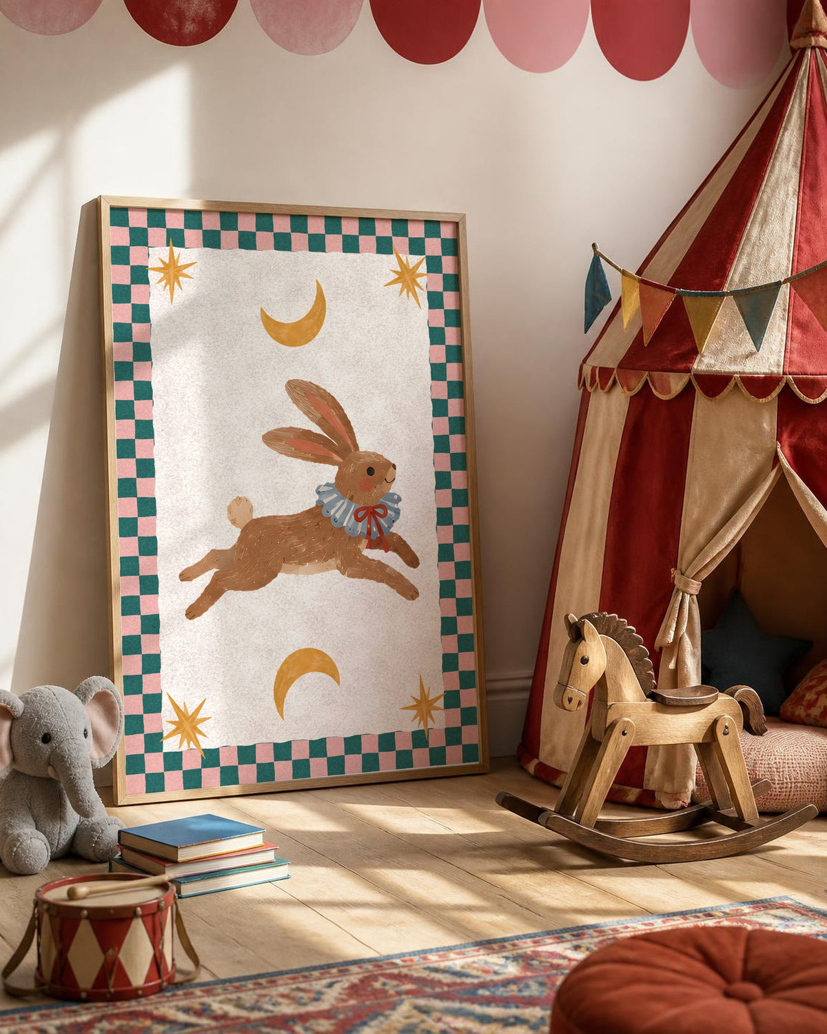 Bunny Nursery Print, Circus Rabbit Wall Art, Checkered Kids Room Decor, Vintage Painted Animal Poster, Moon and Stars Printable Download