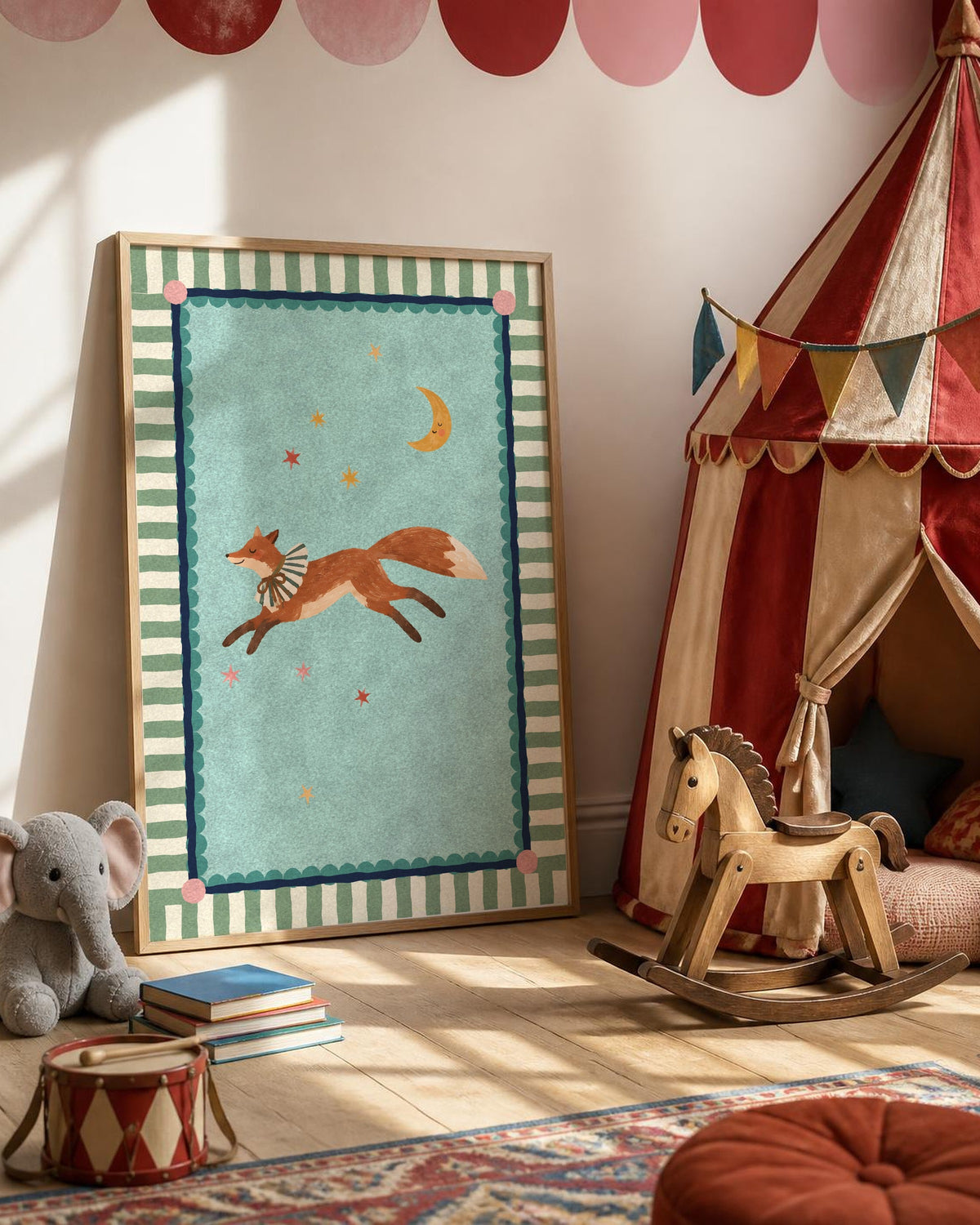 Fox Nursery Print, Whimsical Circus Fox Wall Art, Woodland Kids Room Decor, Vintage Painted Animal Poster, Sage Green Printable Download