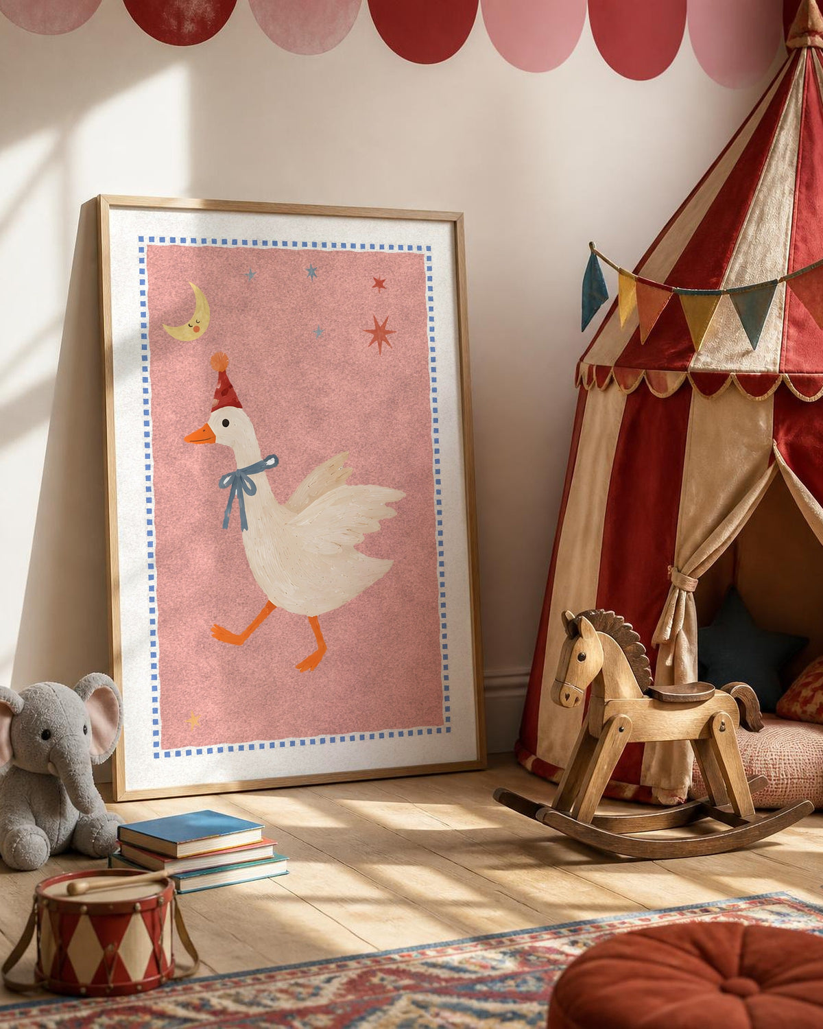 Goose Nursery Print, Circus Goose Wall Art, Pink Kids Room Decor, Party Hat Painted Animal Poster, Whimsical Printable Download