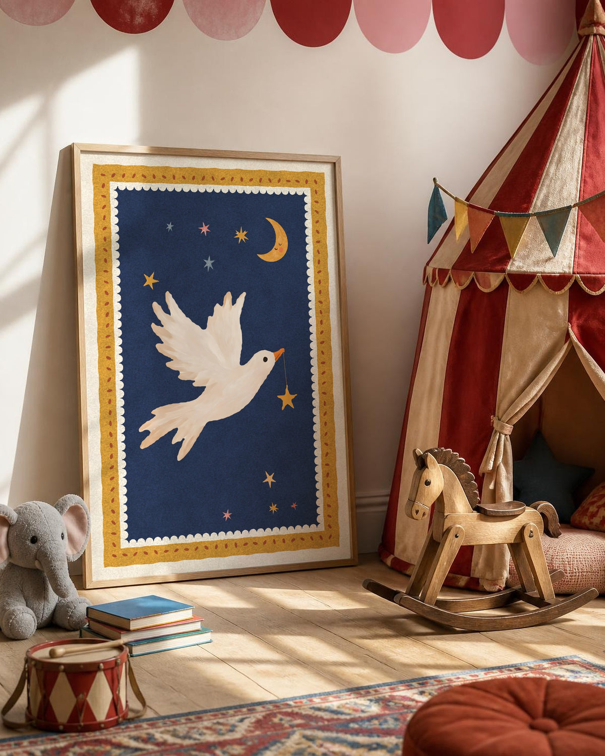 Dove Nursery Print, Night Sky Bird Wall Art, Vintage Circus Kids Room Decor, Moon and Stars Painted Poster, Navy Printable Download