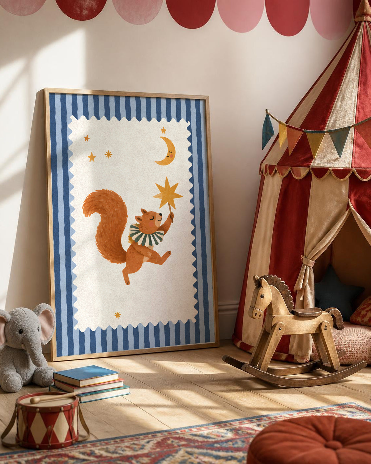 Squirrel Nursery Print, Woodland Circus Wall Art, Blue Striped Kids Room Decor, Wavy Frame Animal Poster, Printable Download