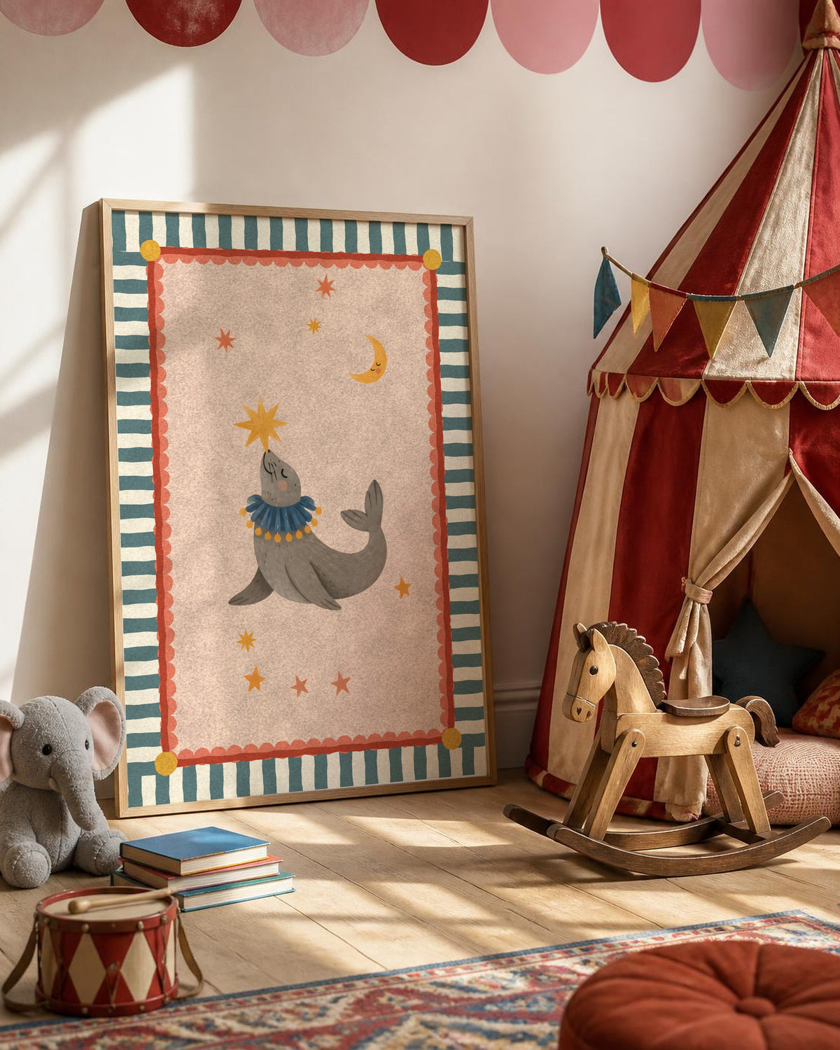 Seal Nursery Print, Circus Sea Lion Wall Art, Peach Kids Room Decor, Star Balancing Animal Poster, Printable Download