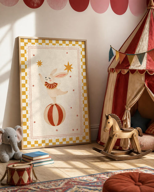 Bunny Nursery Print, Circus Rabbit on Ball Wall Art, Mustard Kids Room Decor, Vintage Circus Animal Poster, Printable Download