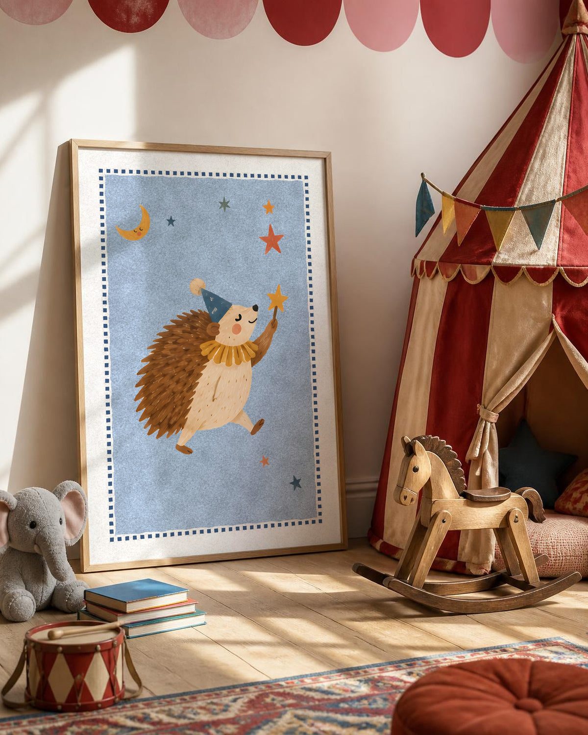 Hedgehog Nursery Print, Woodland Circus Wall Art, Powder Blue Kids Room Decor, Party Hat Animal Poster, Printable Download