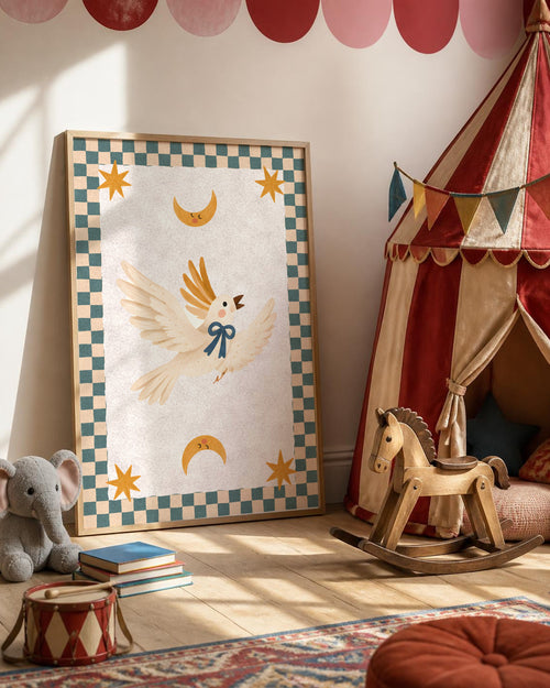 Bird Nursery Print, Circus Cockatoo Wall Art, Checkered Kids Room Decor, Moon and Stars Animal Poster, Printable Download