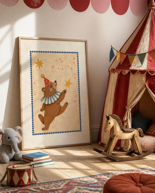 Bear Nursery Print, Circus Bear Wall Art, Party Hat Kids Room Decor, Teddy Bear Animal Poster, Printable Download