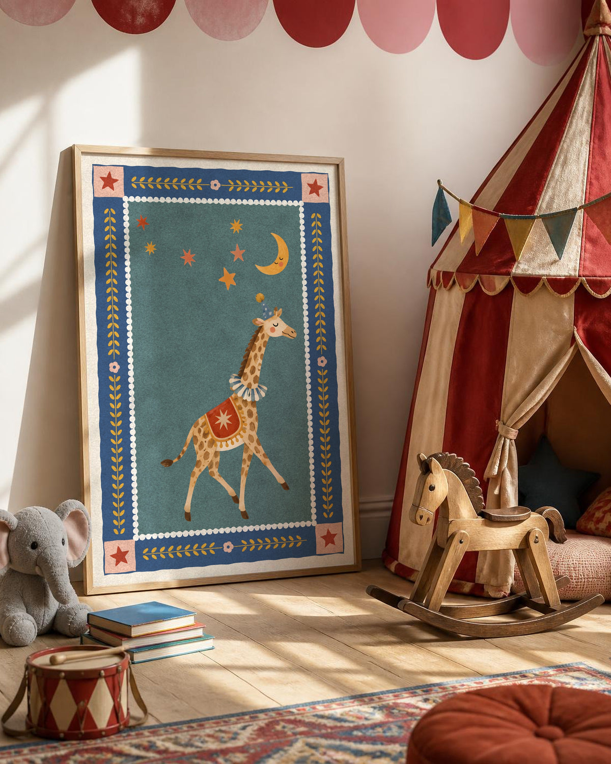 Giraffe Nursery Print, Circus Giraffe Wall Art, Folk Art Kids Room Decor, Teal and Navy Animal Poster, Printable Download
