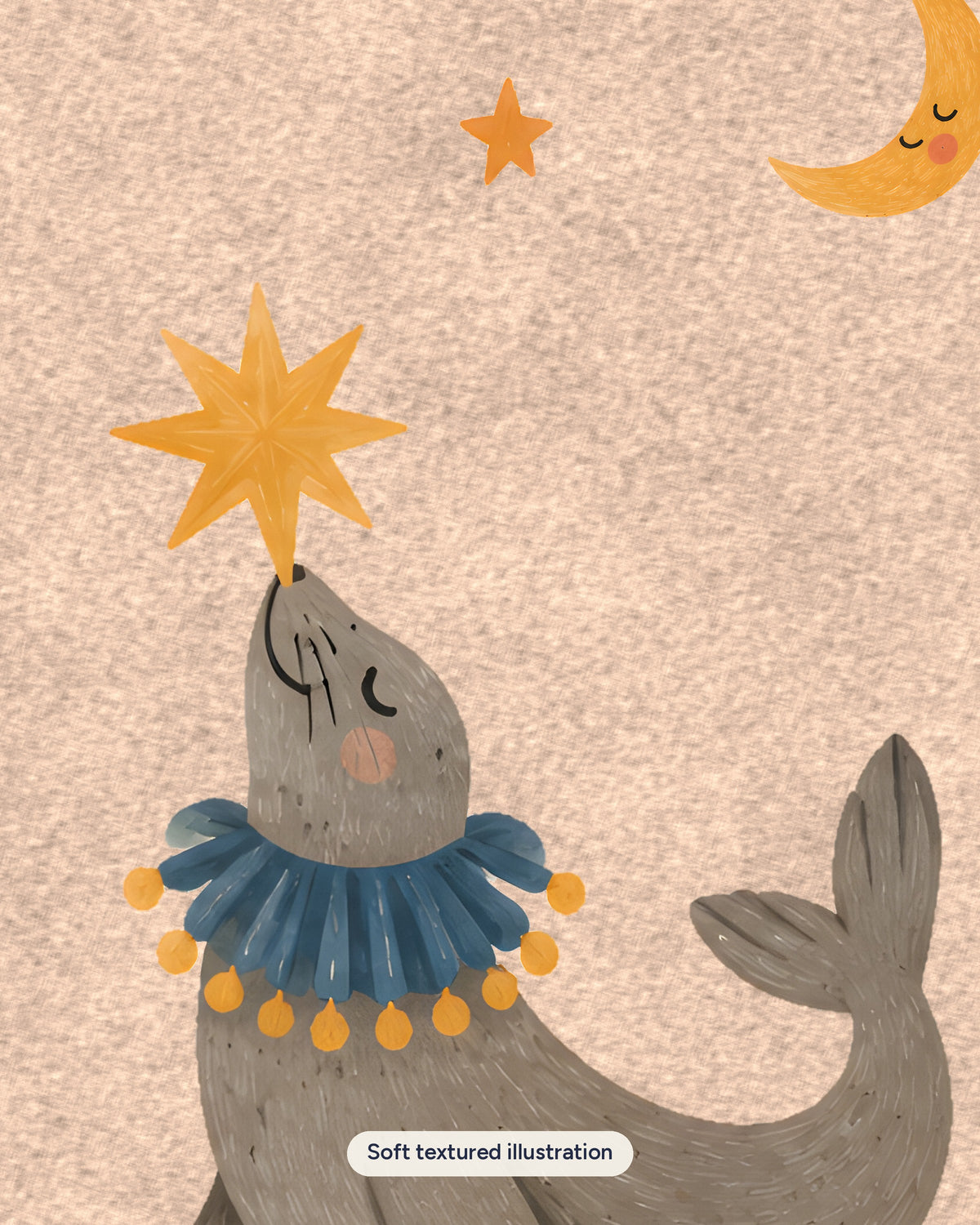 Seal Nursery Print, Circus Sea Lion Wall Art, Peach Kids Room Decor, Star Balancing Animal Poster, Printable Download