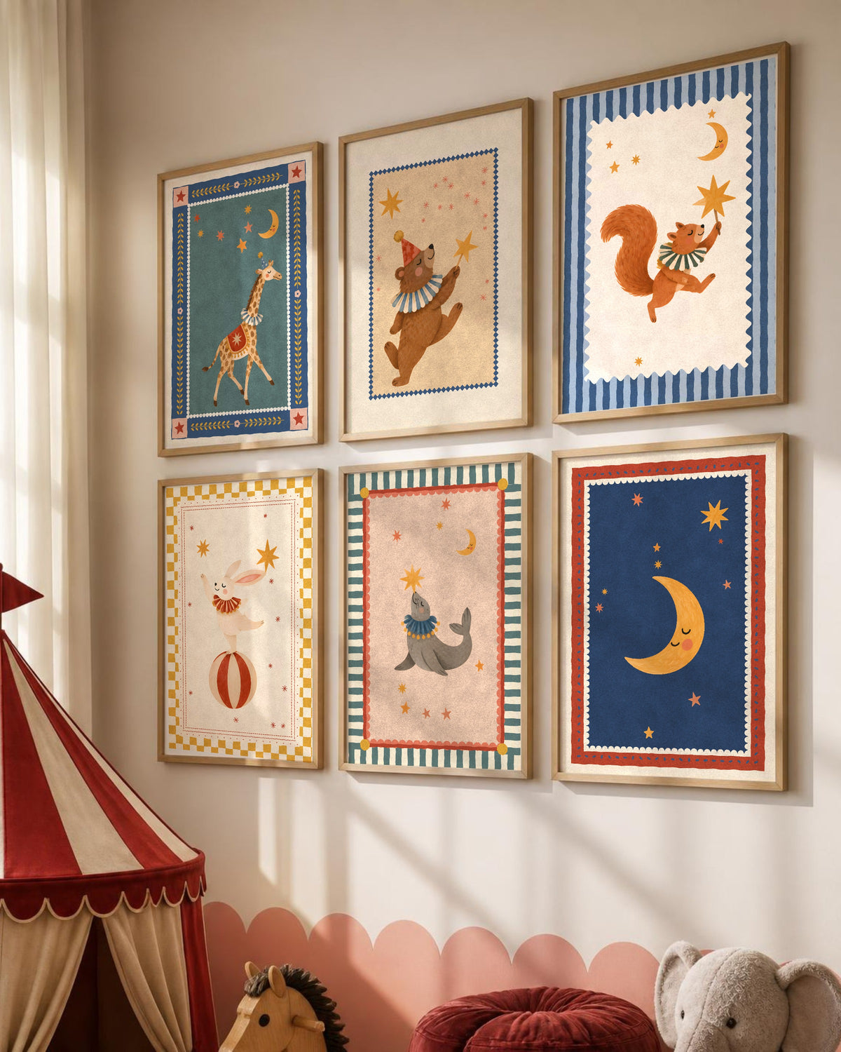 Squirrel Nursery Print, Woodland Circus Wall Art, Blue Striped Kids Room Decor, Wavy Frame Animal Poster, Printable Download