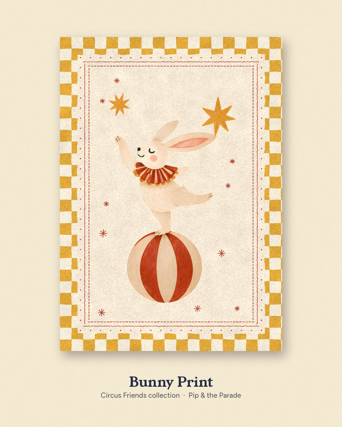 Bunny Nursery Print, Circus Rabbit on Ball Wall Art, Mustard Kids Room Decor, Vintage Circus Animal Poster, Printable Download