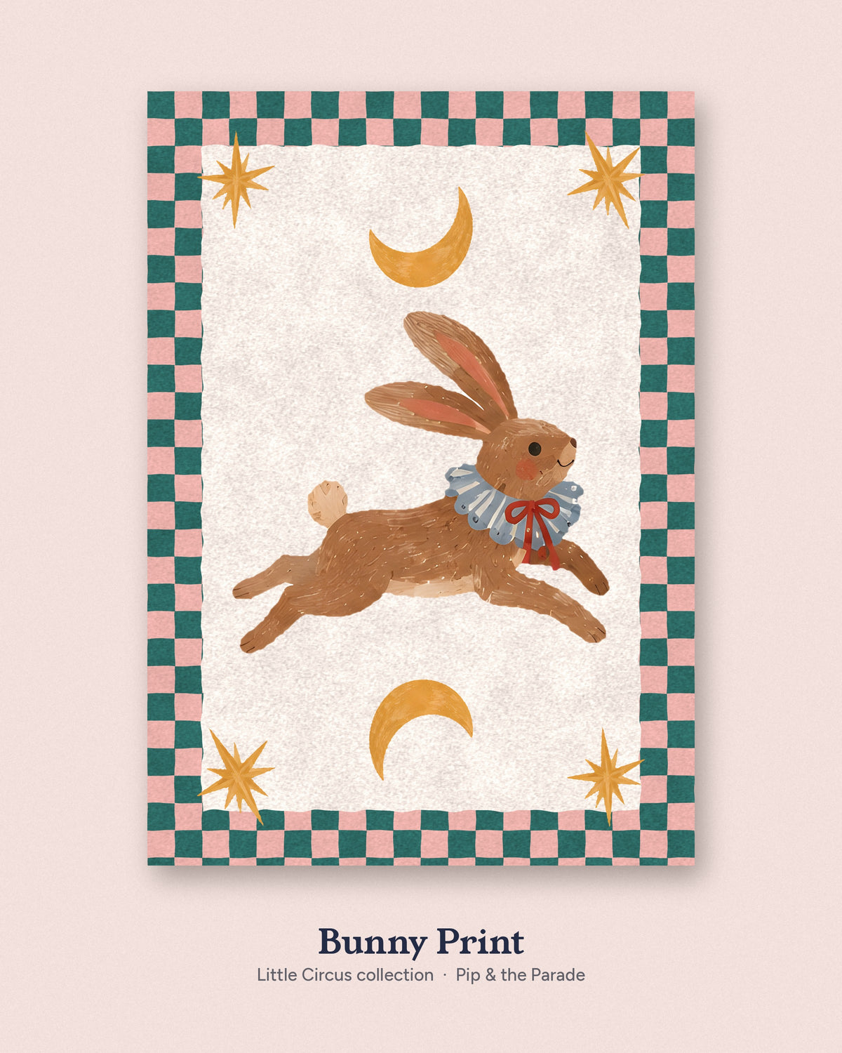 Bunny Nursery Print, Circus Rabbit Wall Art, Checkered Kids Room Decor, Vintage Painted Animal Poster, Moon and Stars Printable Download