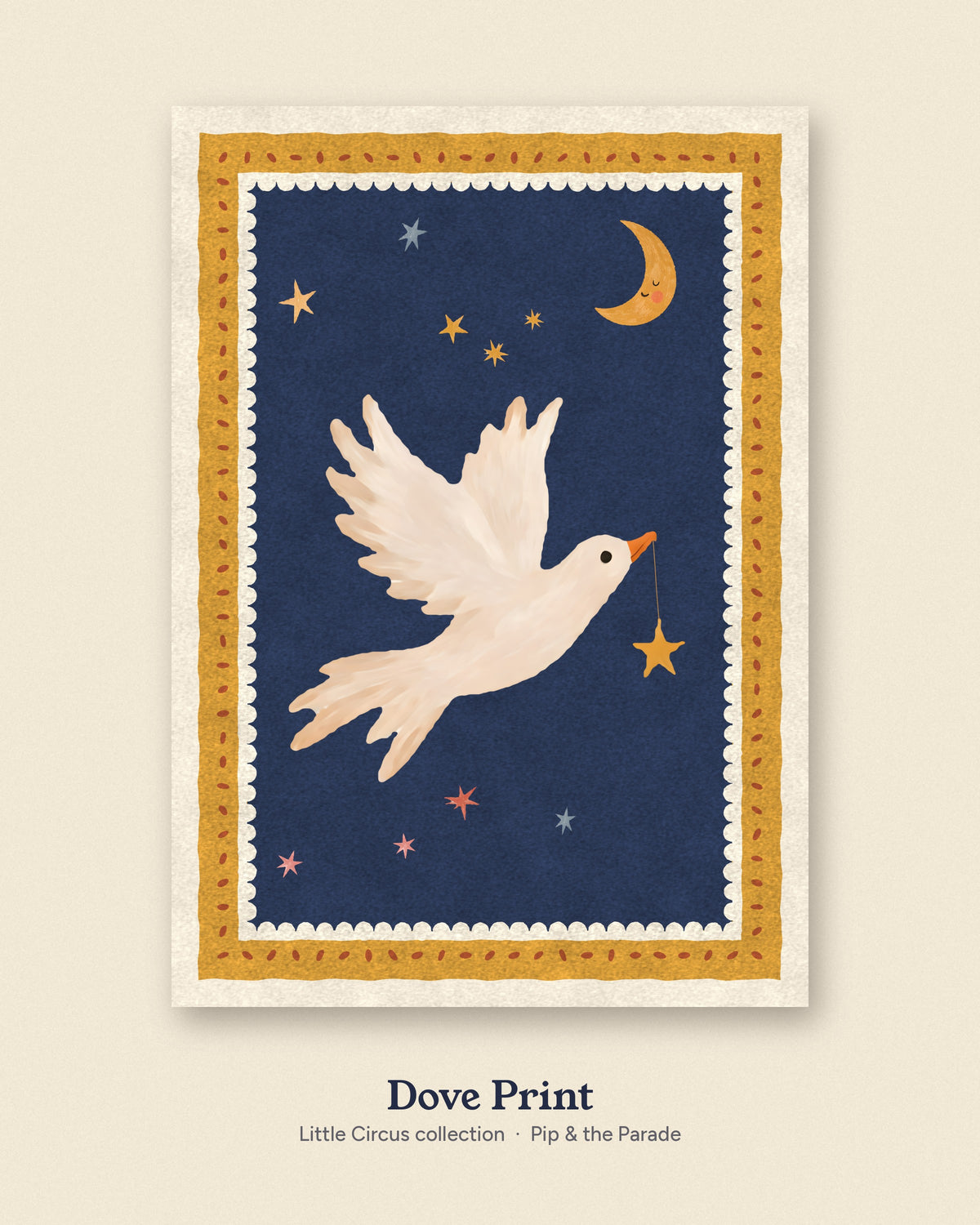 Dove Nursery Print, Night Sky Bird Wall Art, Vintage Circus Kids Room Decor, Moon and Stars Painted Poster, Navy Printable Download