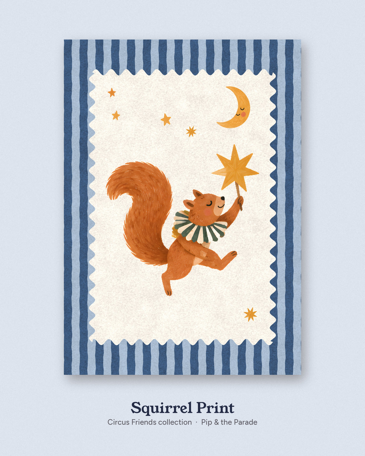 Squirrel Nursery Print, Woodland Circus Wall Art, Blue Striped Kids Room Decor, Wavy Frame Animal Poster, Printable Download