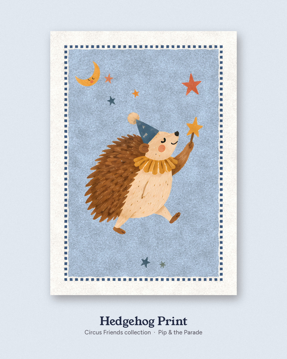 Hedgehog Nursery Print, Woodland Circus Wall Art, Powder Blue Kids Room Decor, Party Hat Animal Poster, Printable Download