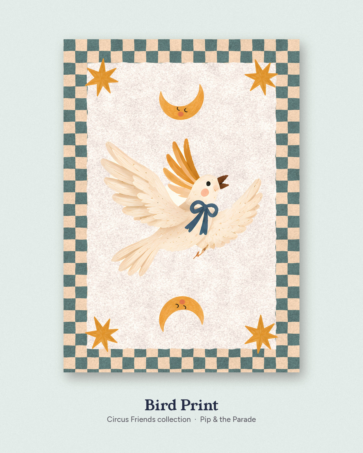Bird Nursery Print, Circus Cockatoo Wall Art, Checkered Kids Room Decor, Moon and Stars Animal Poster, Printable Download
