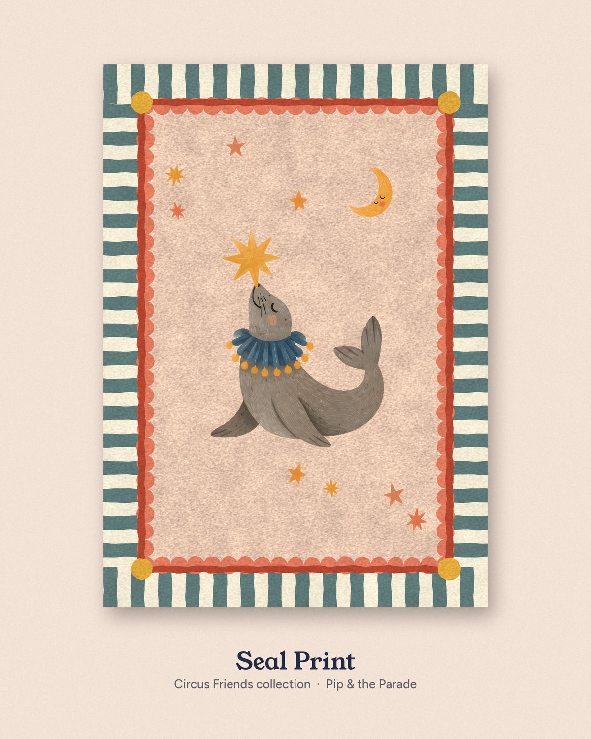 Seal Nursery Print, Circus Sea Lion Wall Art, Peach Kids Room Decor, Star Balancing Animal Poster, Printable Download