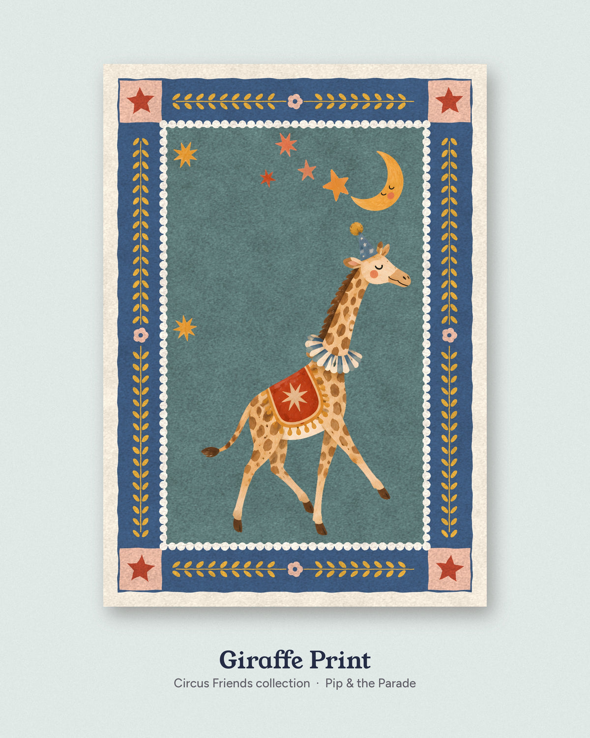 Giraffe Nursery Print, Circus Giraffe Wall Art, Folk Art Kids Room Decor, Teal and Navy Animal Poster, Printable Download