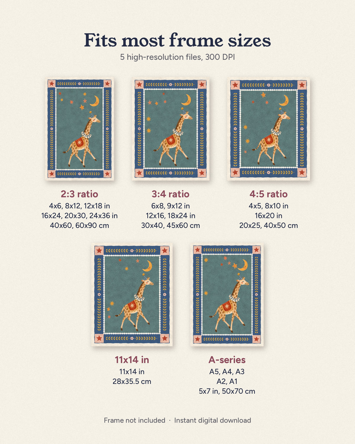 Giraffe Nursery Print, Circus Giraffe Wall Art, Folk Art Kids Room Decor, Teal and Navy Animal Poster, Printable Download