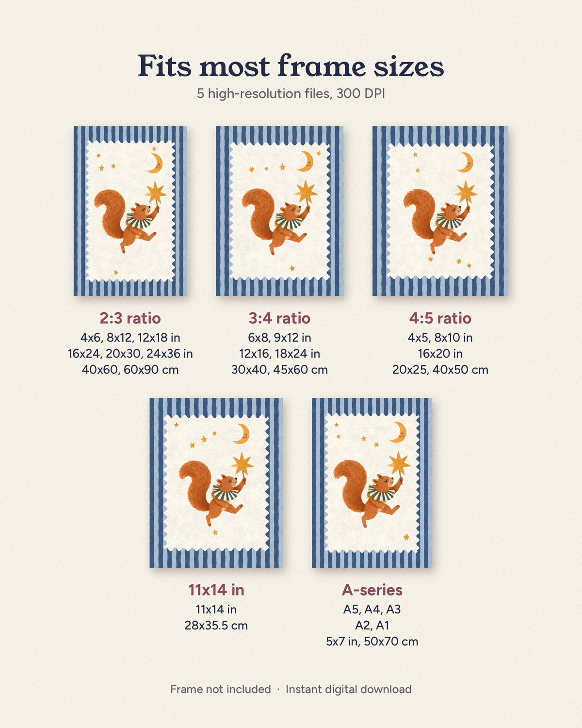 Squirrel Nursery Print, Woodland Circus Wall Art, Blue Striped Kids Room Decor, Wavy Frame Animal Poster, Printable Download