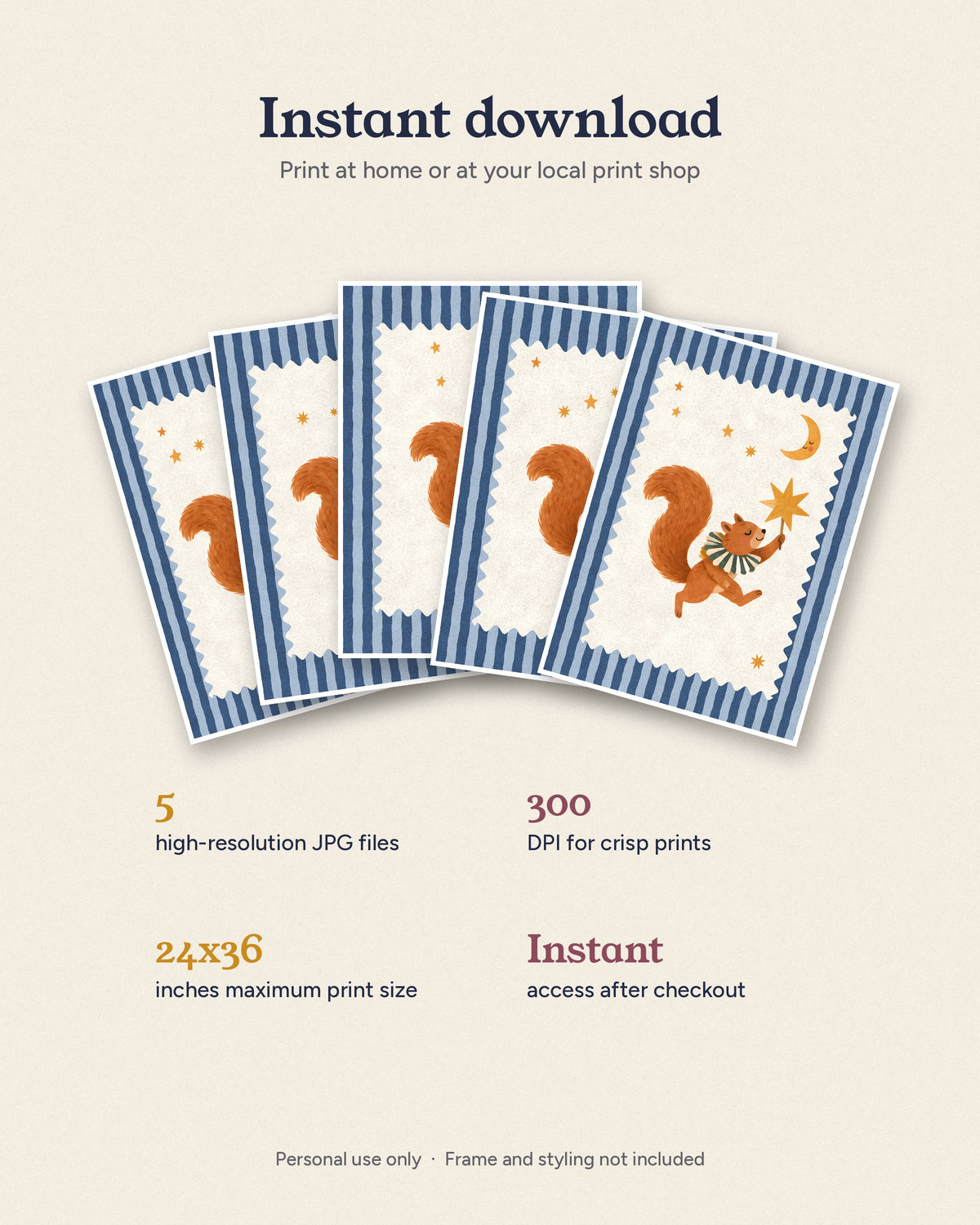 Squirrel Nursery Print, Woodland Circus Wall Art, Blue Striped Kids Room Decor, Wavy Frame Animal Poster, Printable Download